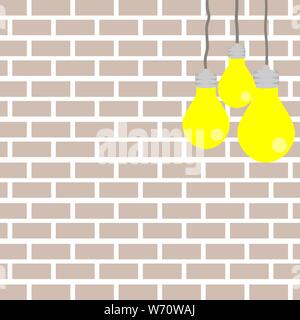 Vector illustration. Three incandescent bulbs are hanging on a brick wall. With place for text. Stock Vector