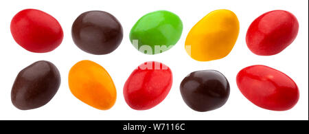 Multicolor shiny nuts and raisins dragee. Tasty dessert, sugared hazelnut, almond. Candies with color frosting pack. Delicious sweets with color icing Stock Photo