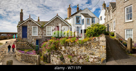 UK, England, Cornwall, Mousehole, The Wharf, granite built harbourside homes, panoramic