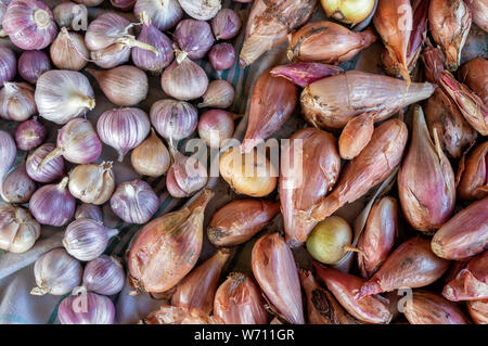 Top view on organic harvest of onions and garlic lying on linen cloth Stock Photo