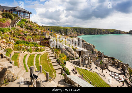 UK, England, Cornwall, Porthcurno, Minack Theatre, terraced seating leading down to stage Stock Photo