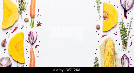 Creative layout made with Autumn seasonal vegetables, herbs and spices. Banner for site. Stock Photo