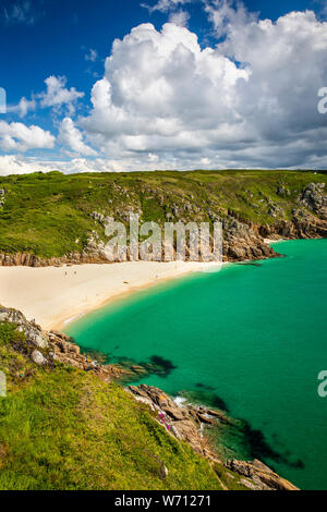 UK, England, Cornwall, Porthcurno, elevated view of beach from Minack Theatre Stock Photo