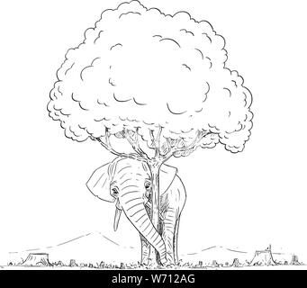 Vector cartoon drawing conceptual illustration of elephant hiding behind last tree that left from chopped down forest. The last elephant herd is hiding in the last forest. Environmental concept. Stock Vector