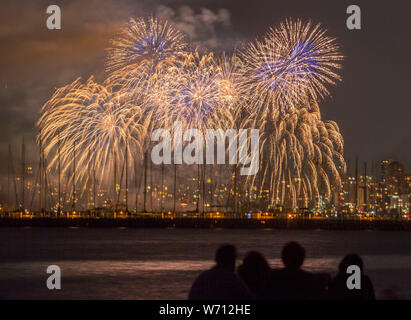 Vancouver, Canada. 3rd Aug, 2019. Firework presented by team Croatia lights up the sky during the 29th annual Celebration of Light at English Bay in Vancouver, Canada, Aug. 3, 2019. Firework team Croatia displayed its firework Saturday night to sum up this year's Vancouver international fireworks competition. Credit: Liang Sen/Xinhua