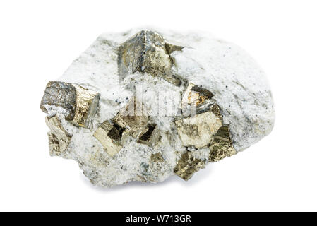 Collectible specimen of mineral pyrite, or iron pyrite, in matrix, isolated on wite backgrownd. Pyrite is iron ore, also known as fool's gold Stock Photo