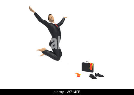 barefoot toy miniature businessman figurine is jumping for joy and happiness, with colourful socks, shoes and briefcase, concept isolated on white bac Stock Photo