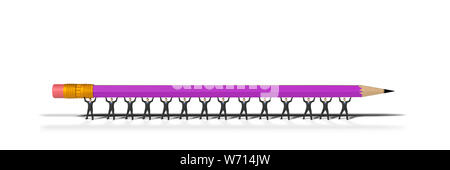 many toy miniature businessman figure lifting a purple pencil, concept isolated on white background banner Stock Photo