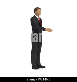 toy miniature businessman figure presenting an empty space, concept isolated on white background Stock Photo