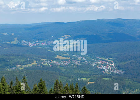 panoramic view of Bayerisch Eisenstein and Zelezna Ruda in the Czech Republic, Great Arber, Bavarian Forest, Bavaria, Germany Stock Photo