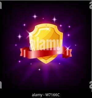 Gold shield and red ribbon slot icon for online casino or mobile game, vector illustration with sparkles on dark purple background. Stock Vector