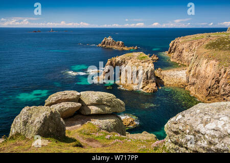 UK, England, Cornwall, Sennen, Land’s End, Enys Dodnan island arch and Armed Knight from Pordenack Point