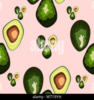 Avocado seamless pattern on background. Whole and cut avocado Stock Vector