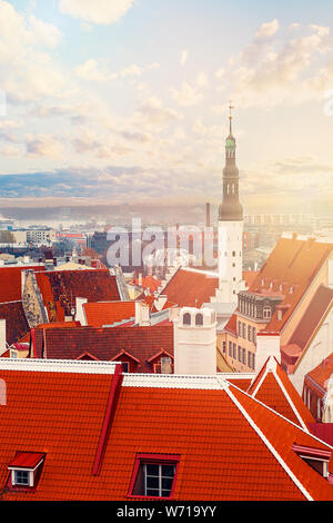 Tallinn. Estonia. City panorama with blue sky and clouds. Church Of The Holy Spirit, Lutheran Church and historical center of old Tallinn Stock Photo