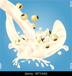 Soy beans fall into soy milk, causing a splash of soy milk. Stock Vector