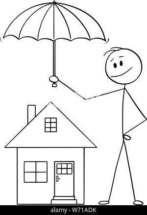 Vector cartoon stick figure drawing conceptual illustration of man, businessman or insurance agent holding umbrella protecting family house. Stock Vector