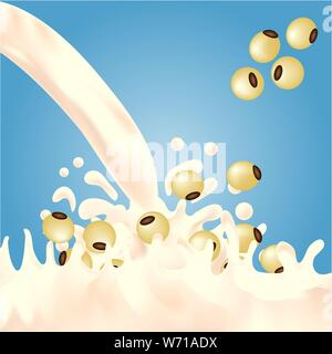 Soy beans fall into soy milk, causing a splash of soy milk. Stock Vector