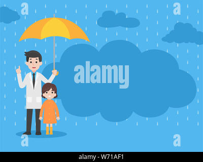 Cute girl wearing orange raincoat with doctor holding yellow umbrella in the rain, Rain sick, Rain drop, Foots bite Medical Health care concept, virus Stock Photo