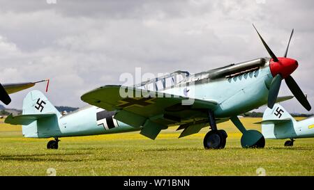 Hispano HA-1112-M4L Buchon “Red 11” (G-AWHC) on static display at the 2019 Flying Legends Airshow Stock Photo