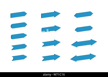 Set of blue three-dimensional arrows of different shapes and configurations for design and decoration Stock Vector