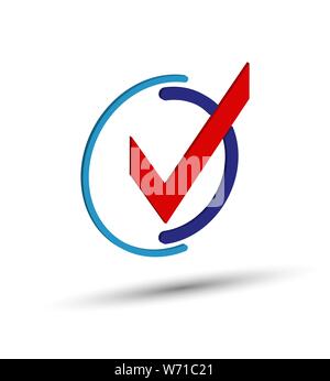 Red tick in a blue circle for design and execution, the simulation volume. Stock Vector