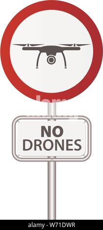 round red and white drone prohibition sign on pole vector illustration Stock Vector