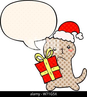 cute cartoon cat carrying christmas present with speech bubble in comic book style Stock Vector
