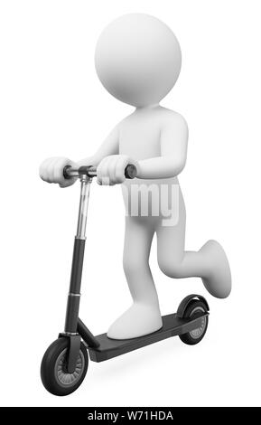 3d white people illustration. Man riding on a electric rental scooter. Isolated white background. Stock Photo