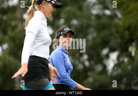 England's Georgia Hall and USA's Jessica Korda on the 4th hole during day four of the AIG Women's British Open at Woburn Golf Club, Little Brickhill. Stock Photo