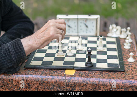 Chess player in the park. Old man plays chess in the park. Stock Photo