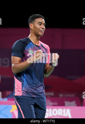 Lima, Peru. 04th Aug, 2019. 2nd August 2019, Lima, Peru, Pan American Games, Mens badminton final; National Sports Village - Videna: Ygor Coelho of Brazil celebrates his victory Credit: Action Plus Sports Images/Alamy Live News Stock Photo