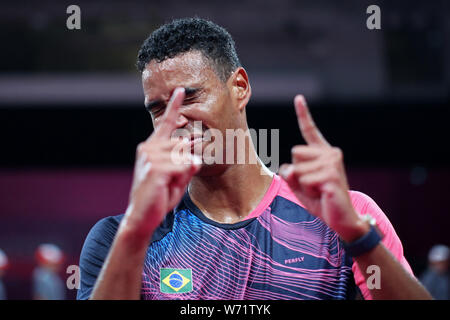 Lima, Peru. 04th Aug, 2019. 2nd August 2019, Lima, Peru, Pan American Games, Mens badminton final; National Sports Village - Videna: Ygor Coelho of Brazil celebrates his victory Credit: Action Plus Sports Images/Alamy Live News Stock Photo