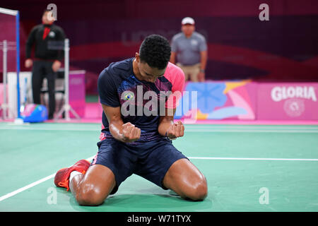 Lima, Peru. 04th Aug, 2019. 2nd August 2019, Lima, Peru, Pan American Games, Mens badminton final; National Sports Village - Videna: Ygor Coelho of Brazil celebrates his victory Credit: Action Plus Sports Images/Alamy Live News Stock Photo