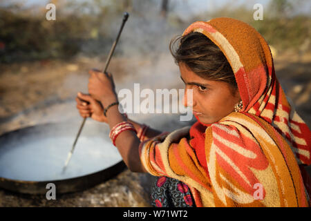 Rabari woman in a rural village in the district of Kutch, Gujarat. The Kutch region is well known for its tribal life and traditional culture. Stock Photo