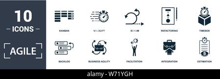 Agile icon set. Contain filled flat Backlog ,Business Agility ,Estimation ,Facilitation ,Integration ,Kanban ,Refactoring ,Scrum ,Timebox ,Velocity Stock Vector