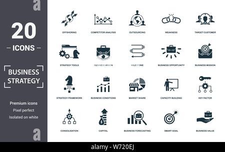 Business Strategy icon set. Contain filled flat business vision, business value, brand strategy, business conditions, competitive strategy, market Stock Vector