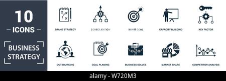 Business Strategy icon set. Contain filled flat business solves, brand strategy, competitive strategy, goal planing, competitor analysis Stock Vector