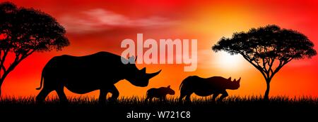 Silhouette of an African rhinos. Rhinos on the background of the sun and trees. Rhinoceros family. African wild landscape. Sunset. Wildlife of Africa. Stock Vector