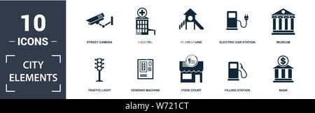 City Elements icon set. Contain filled flat vending machine, bicycle parking, filling station, playground, museum, leisure park icons. Editable format Stock Vector