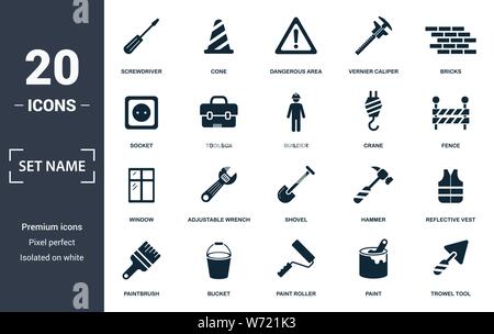 Construction Tools icon set. Contain filled flat bucket, bricks, reflective vest, cone, paint, hammer, dangerous area icons. Editable format Stock Vector