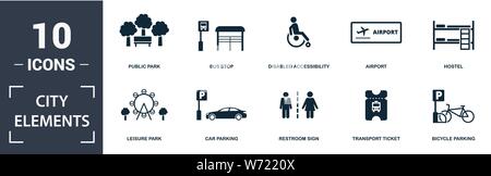 City Elements icon set. Contain filled flat disabled accessibility, public park, airport, car parking, street camera, food court, electric car station Stock Vector