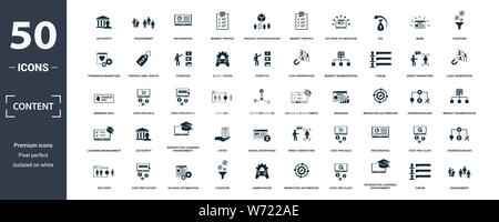 Content icon set. Contain filled flat viral marketing, media plan, social content, agile, content marketing, podcast, cost per action icons. Editable Stock Vector