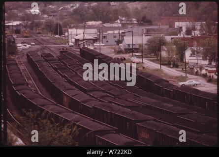 COAL YARD WITH LOADED RAIL CARS READY TO BE SHIPPED TO CUSTOMERS OUT OF DANVILLE, WEST VIRGINIA, NEAR CHARLESTON. IT IS ONE OF THE LARGEST TRANSSHIPMENT POINTS FOR COAL IN THE WORLD. A CONSTANT STREAM OF RAIL CARS LOADED WITH COAL IS MOVED IN AND OUT OF THE SMALL TOWN Stock Photo