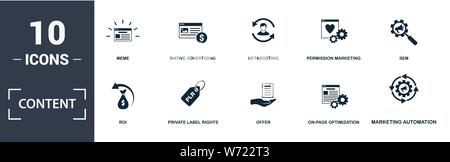Content icon set. Contain filled flat members only, meme, on-page optimization, pagerank, responsive web design, retargeting, target market, widgets Stock Vector