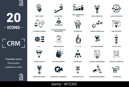 Crm icon set. Contain filled flat campaign management, closed sale, converted lead, crm software, customer journey, demand generation, first touch Stock Vector