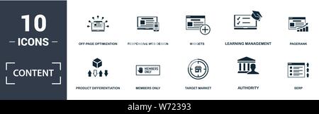 Content icon set. Contain filled flat offer, off-page optimization, private label rights, product differentiation, search engine marketing, search Stock Vector