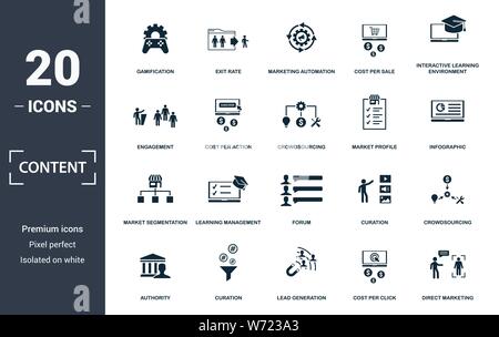 Content icon set. Contain filled flat cms, content plan, content creator, viral content, viral marketing, media plan, social content icons. Editable Stock Vector