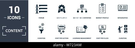 Content icon set. Contain filled flat cms, strategy, digital content, viral content, media plan, viral video, click-through rate, content marketing Stock Vector