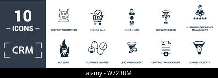 Crm icon set. Contain filled flat contract management, converted lead, customer journey, support automation, funnel velocity, hot lead icons. Editable Stock Vector