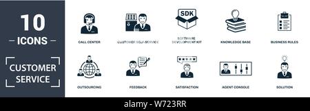 Customer Service icon set. Contain filled flat agent console, call center, satisfaction, customer self-service, knowledge base, outsourcing, solution Stock Vector